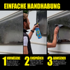 Dreiteiliges Bild mit einer Hand, die eine Scheibe von innen wischt, einer Hand, die ein Reinigungsspray hält, und einer Hand, die eine Außenscheibe abwischt