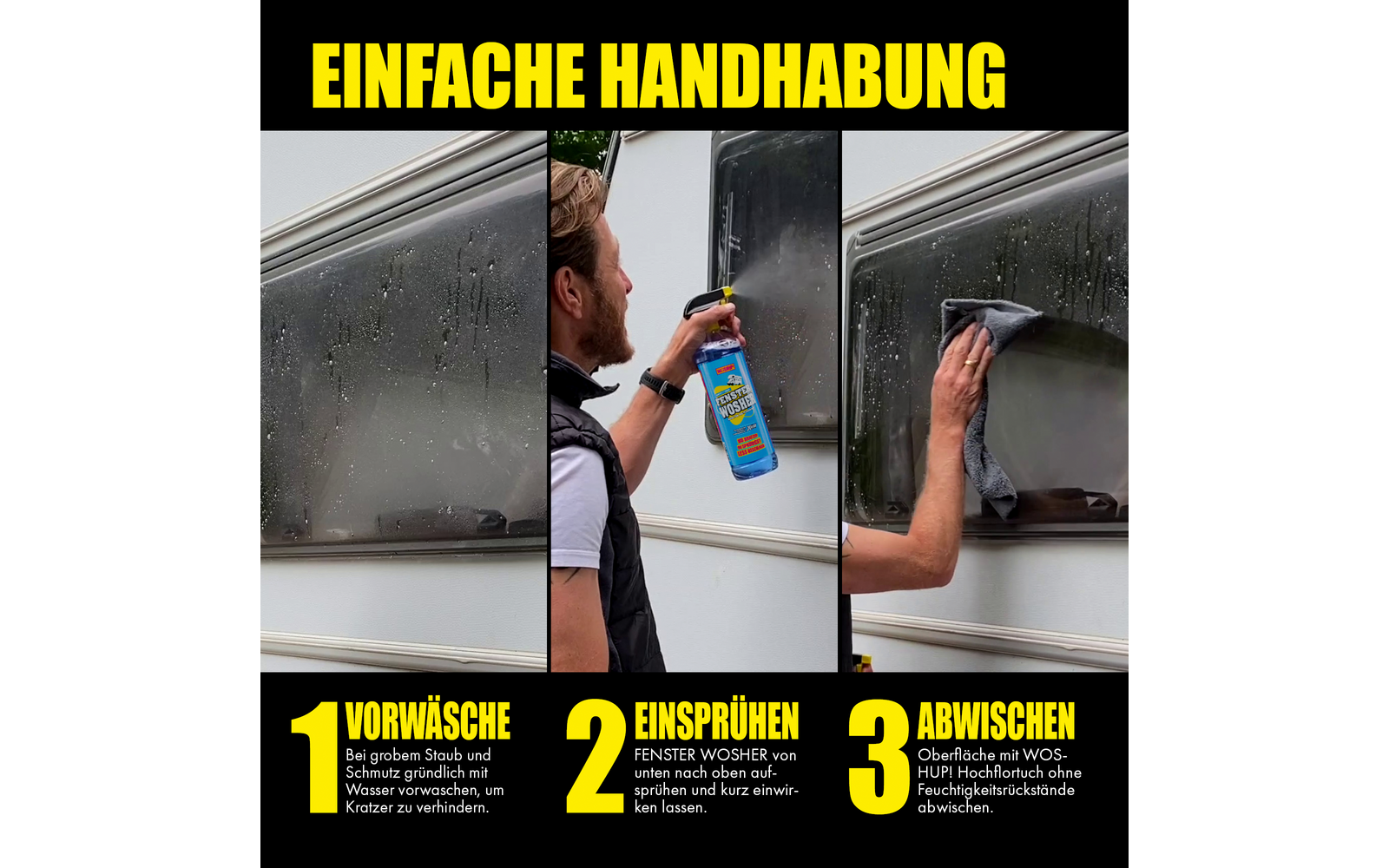 Dreiteiliges Bild mit einer Hand, die eine Scheibe von innen wischt, einer Hand, die ein Reinigungsspray hält, und einer Hand, die eine Außenscheibe abwischt