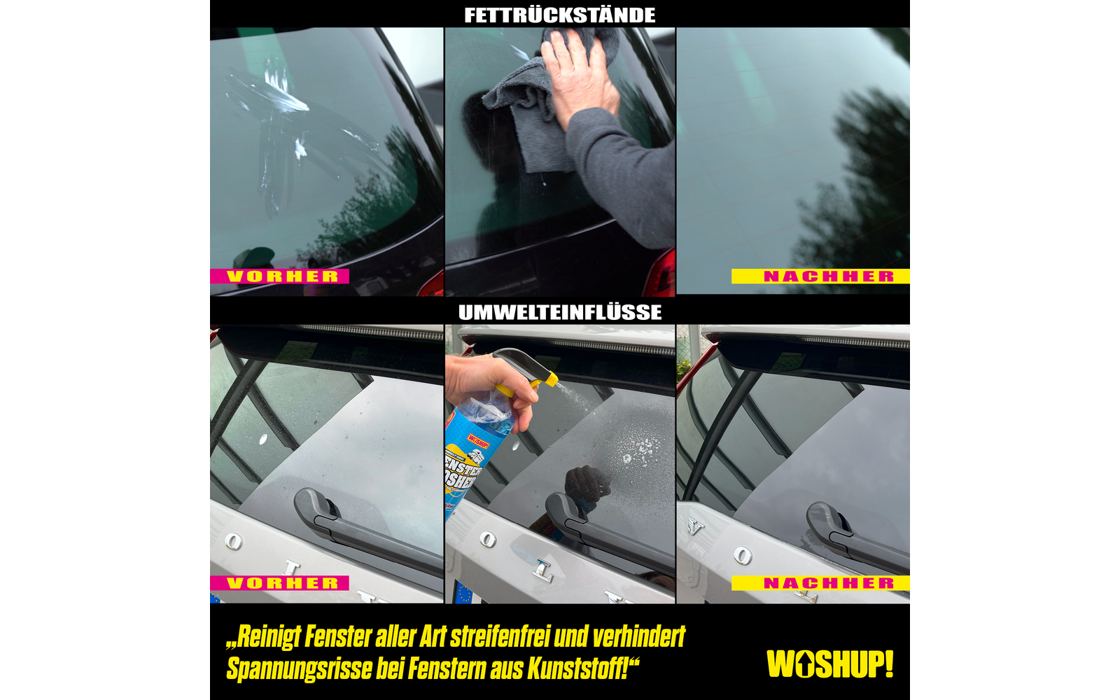Drei Bilder zeigen eine Autotür mit einem Kunststoffgriff, der mit einem Spray besprüht wird