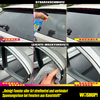 Zwei Fotos zeigen eine Hand, die Lederoberflächen eines Autos mit unterschiedlichen Reinigungsmitteln und Schwämmen reinigt