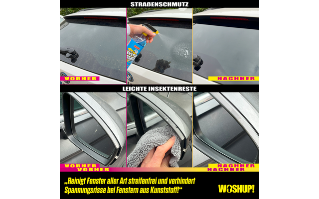 Zwei Fotos zeigen eine Hand, die Lederoberflächen eines Autos mit unterschiedlichen Reinigungsmitteln und Schwämmen reinigt