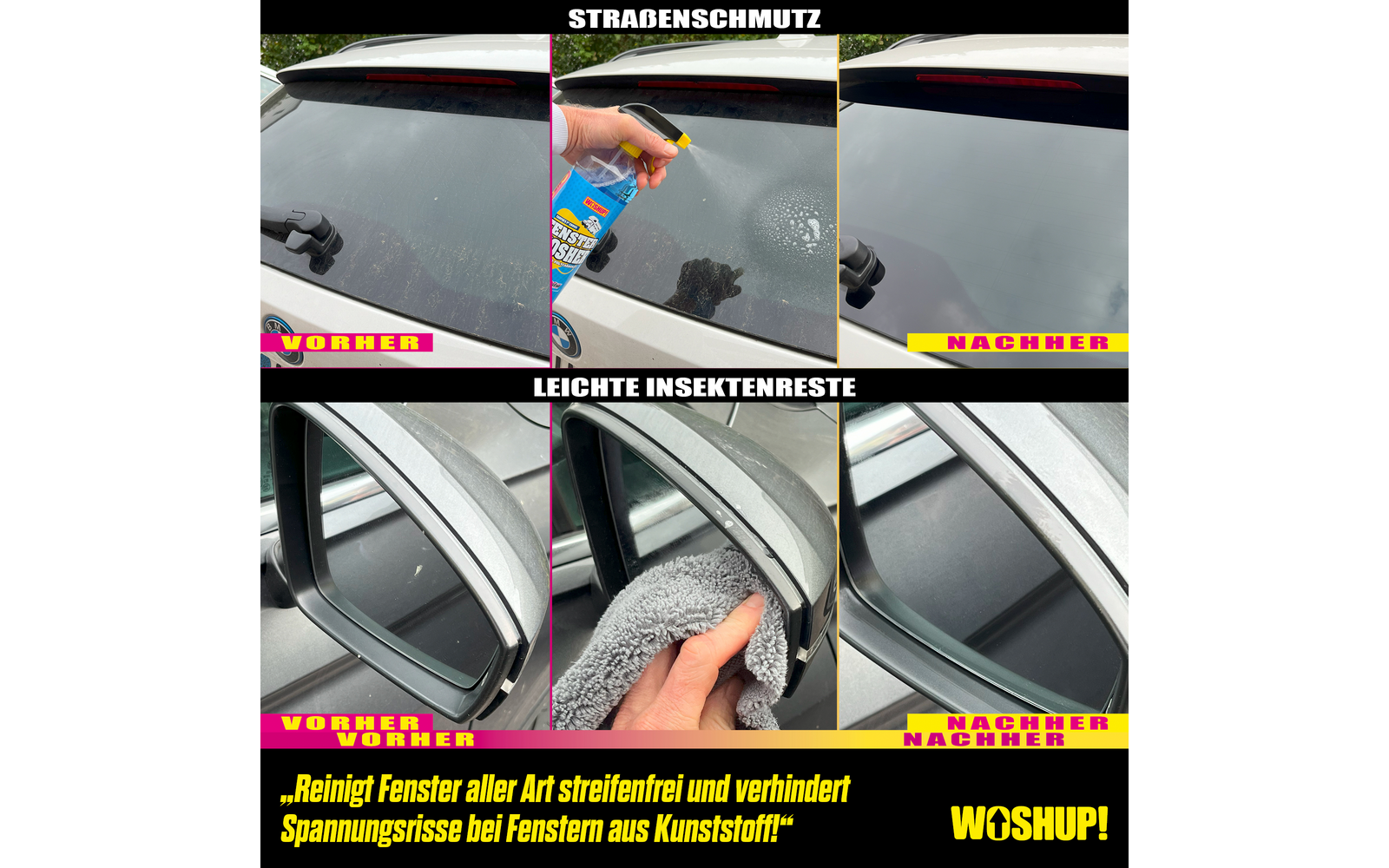 Zwei Fotos zeigen eine Hand, die Lederoberflächen eines Autos mit unterschiedlichen Reinigungsmitteln und Schwämmen reinigt