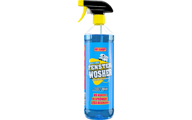 Eine blaue Sprühflasche mit gelbem Sprühkopf und Etikett mit der Aufschrift ‚Fenster Wisch‘