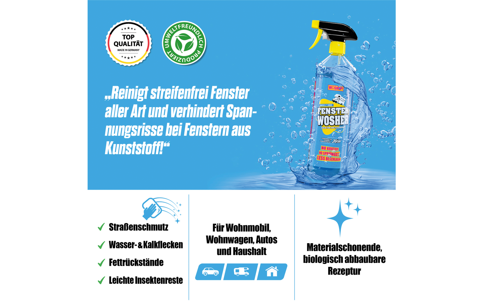 Grafik mit einem stilisierten Fenster und Reinigungsmittel, Text zu Fenstern, die unbeschädigt gereinigt werden sollen
