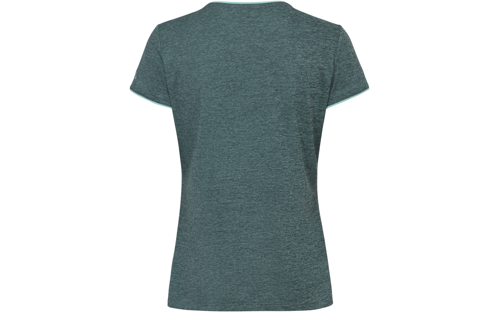 Rückansicht eines kurzärmeligen T-Shirts aus meliertem grünem Stoff