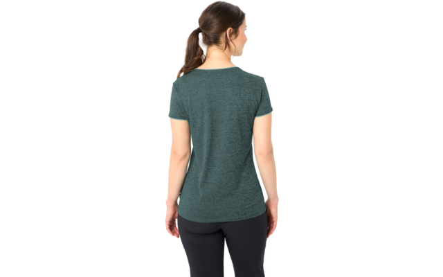 Rückenansicht einer Frau mit Pferdeschwanz, grünes T‑Shirt mit kurzen Ärmeln und schwarze Leggings