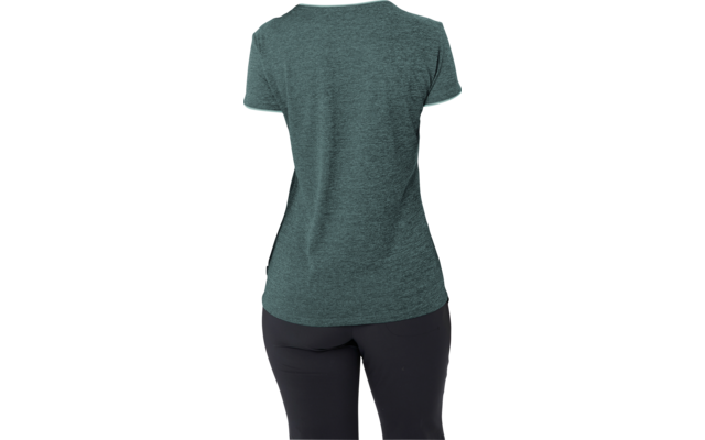 Vista posteriore di una donna con coda di cavallo, maglietta verde a maniche corte e leggings neri