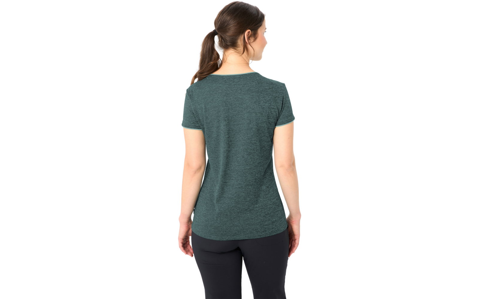 Rückenansicht einer Frau mit Pferdeschwanz, grünes T‑Shirt mit kurzen Ärmeln und schwarze Leggings