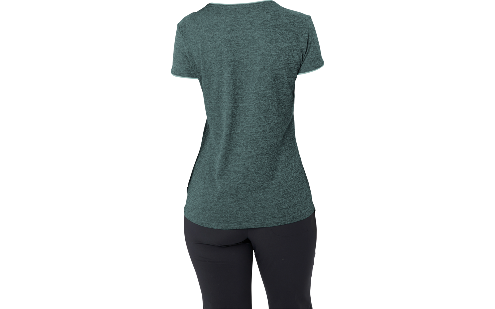 Vista posteriore di una donna con coda di cavallo, maglietta verde a maniche corte e leggings neri