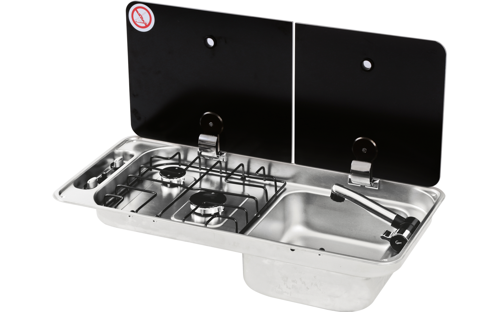 Edelstahleinheit mit Spüle, Wasserhahn, zwei Herdplatten und klappbarem schwarzem Deckel mit rundem durchgestrichenem Schild