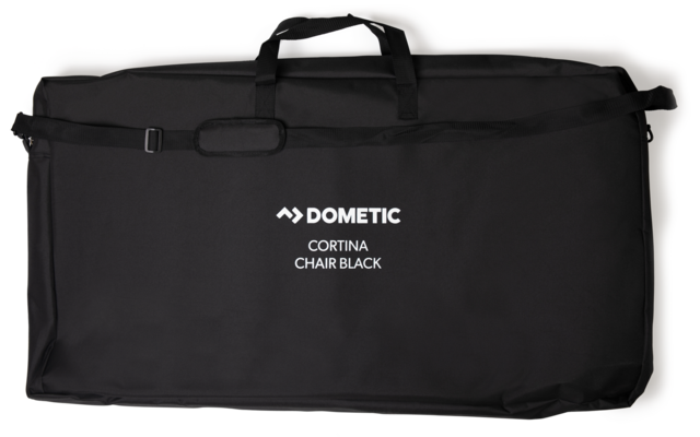 Schwarze rechteckige Tragetasche mit Griffen und Schultergurt, weißes Logo 'DOMETIC' und Text 'CORTINA CHAIR BLACK'