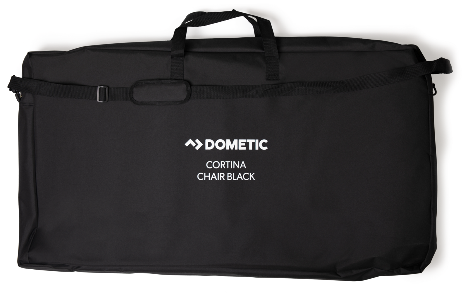 Schwarze rechteckige Tragetasche mit Griffen und Schultergurt, weißes Logo 'DOMETIC' und Text 'CORTINA CHAIR BLACK'