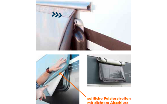 Nahaufnahme eines aufgewickelten Stoffes an einer Metallrolle und eines schwarzen Gurts. Zwei kleine Einblendungen: Hände, die eine Stoffkante in eine Führung schieben; transparente Kunststofftasche an grauer Fläche mit orangefarbenem Pfeil und Text