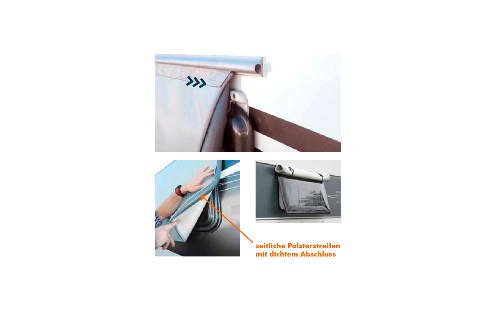 Nahaufnahme eines aufgewickelten Stoffes an einer Metallrolle und eines schwarzen Gurts. Zwei kleine Einblendungen: Hände, die eine Stoffkante in eine Führung schieben; transparente Kunststofftasche an grauer Fläche mit orangefarbenem Pfeil und Text