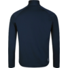Achteraanzicht van een donkerblauw shirt met lange mouwen en een opstaande kraag