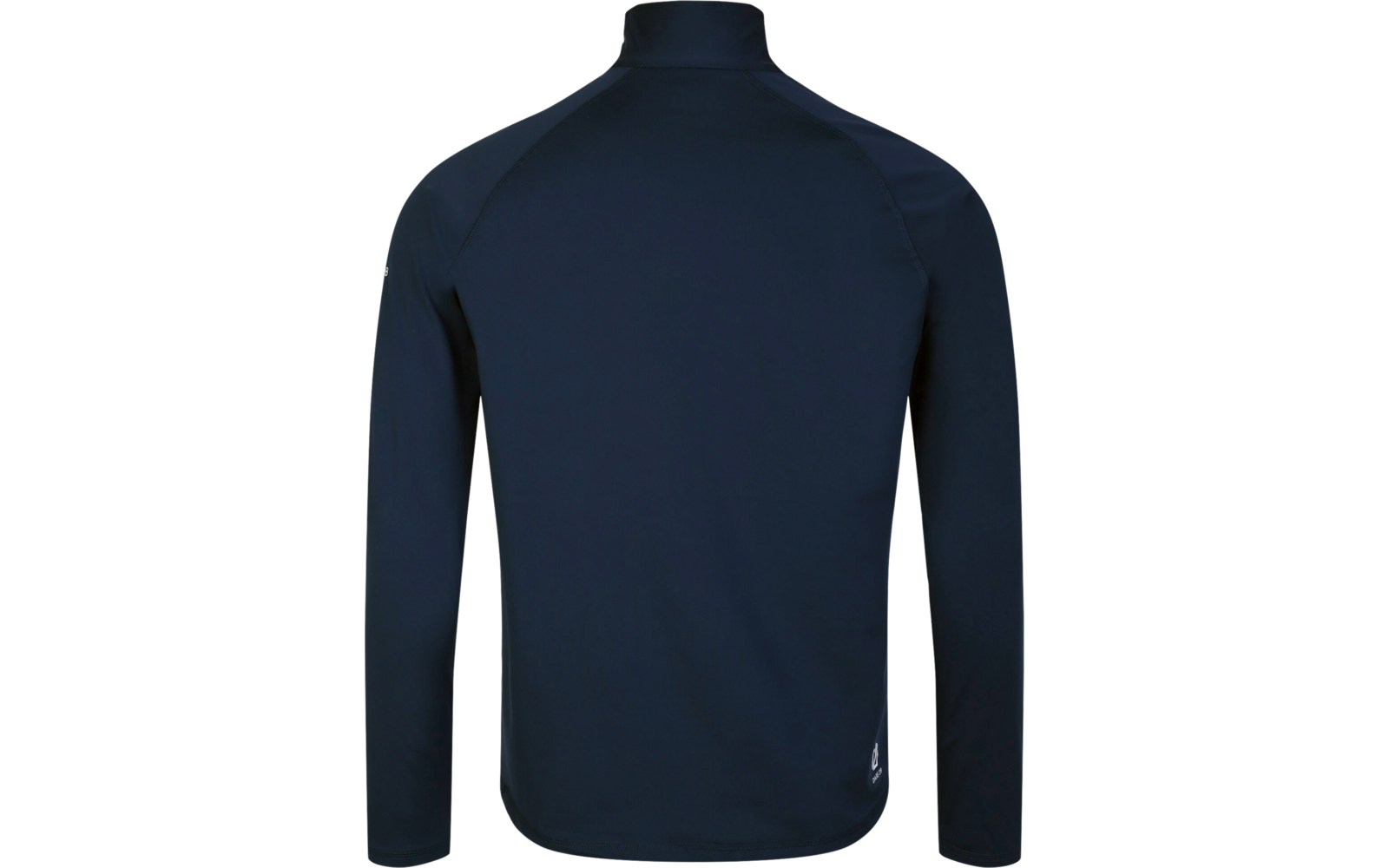 Achteraanzicht van een donkerblauw shirt met lange mouwen en een opstaande kraag