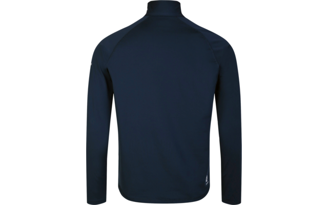 Achteraanzicht van een donkerblauw shirt met lange mouwen en een opstaande kraag