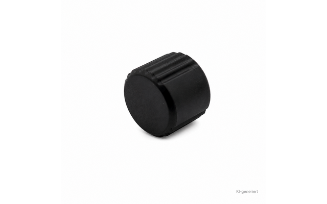 Objet cylindrique noir avec côtés rainurés et face ronde plate sur fond blanc