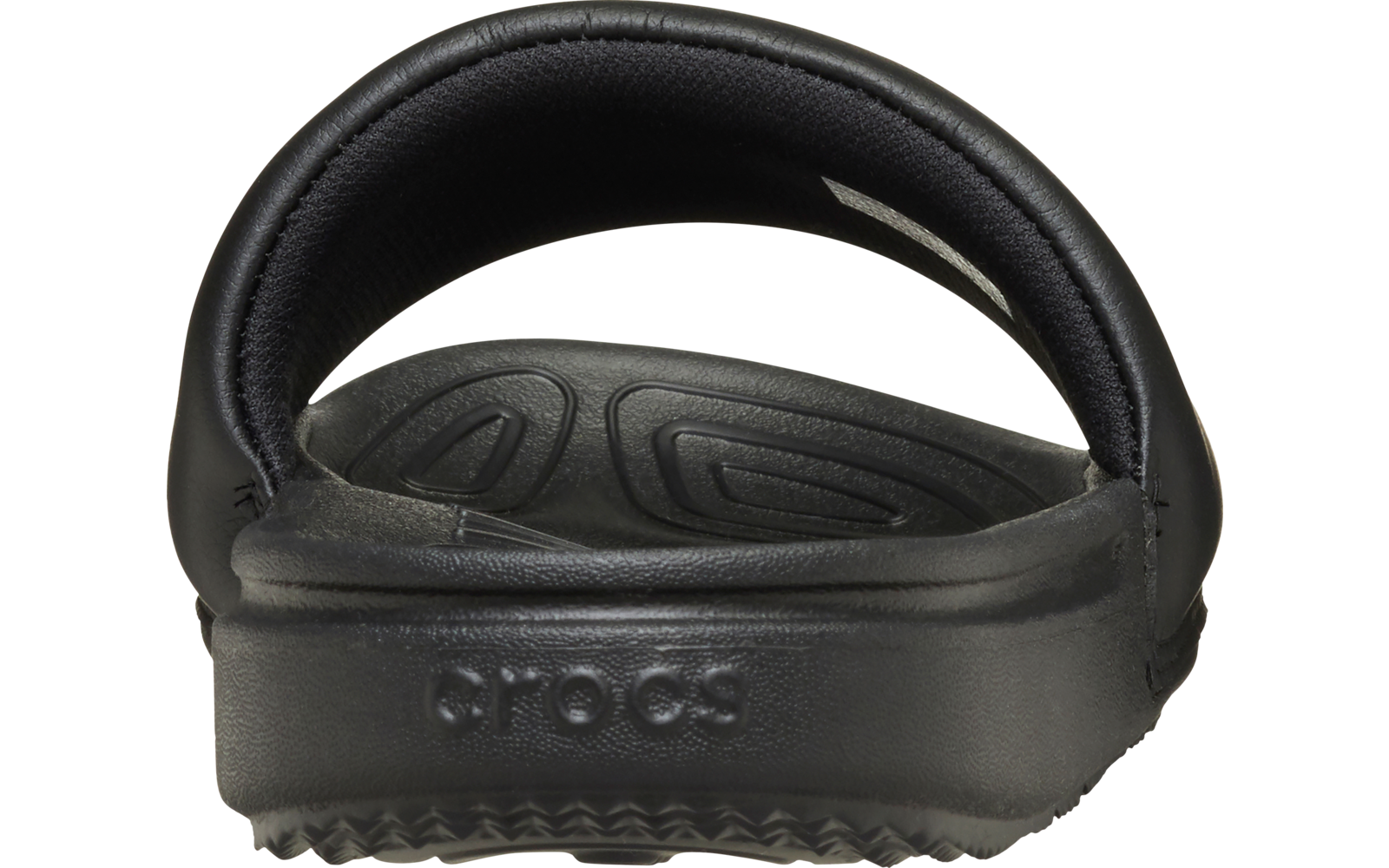 Schwarzer Crocs-Schuh von hinten, sichtbarer Fersenriemen und geprägter Schriftzug crocs am Absatz