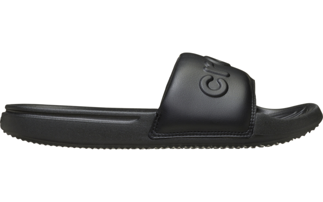 Einzelne schwarze Pantolette, Seitenansicht, breiter Riemen mit erhabenem Kreislogo, profilierte Sohle