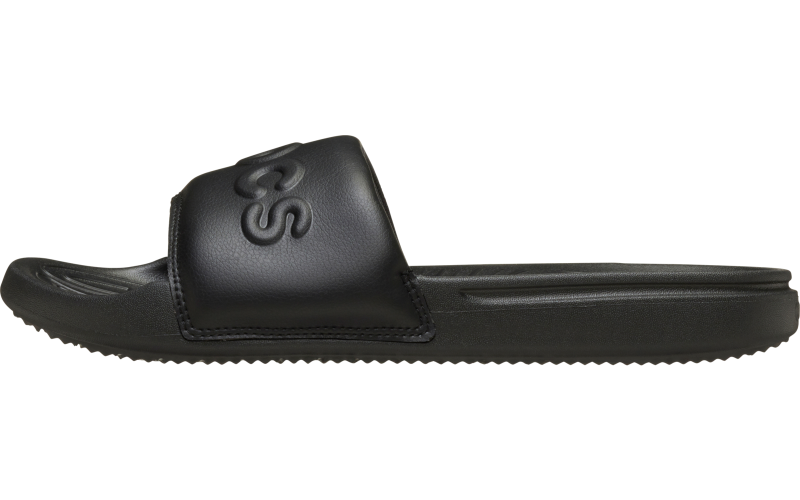 Schwarze Slide-Sandale, rechte Ansicht, breiter Riemen mit Prägung