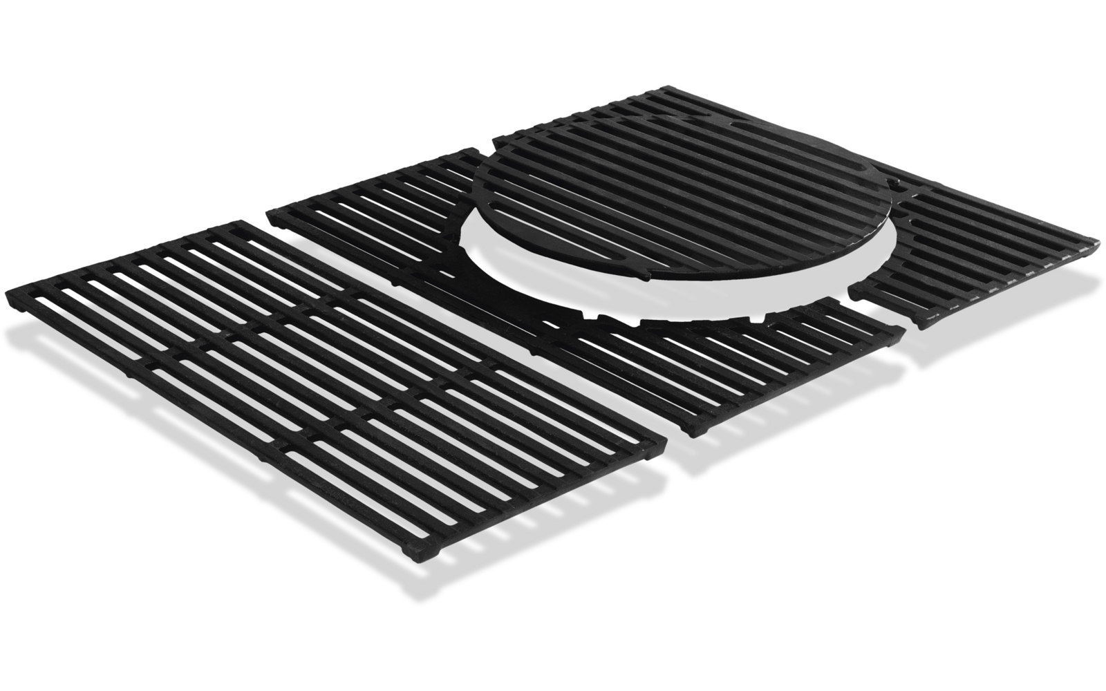 Three black slatted grate panels with a round grate insert in the center, on a white background