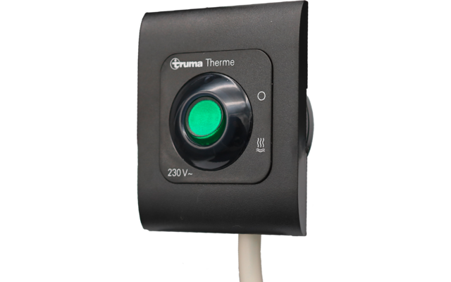 Panneau carré noir avec bouton rond vert lumineux, texte Truma Therme, indication 230 V~, symbole de trois lignes ondulées et câble blanc en bas