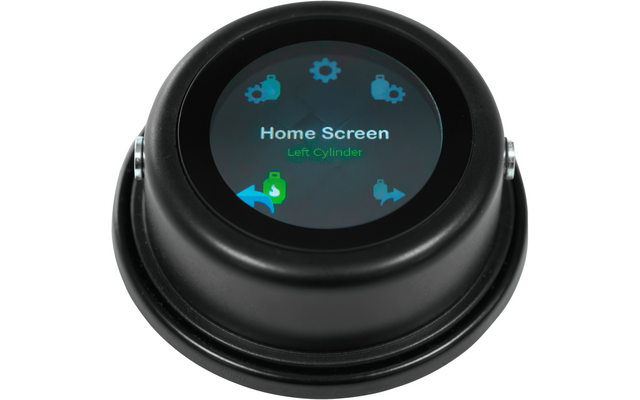 Round black device with circular display showing the texts 'Home Screen' and 'Left Cylinder' and small icons: gears, arrows, and cylinder-shaped icons