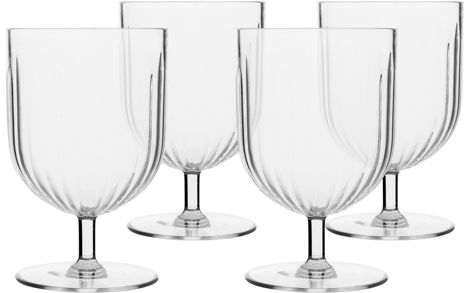 Four transparent stemmed glasses with short stems and round bases, in two overlapping rows on a white background