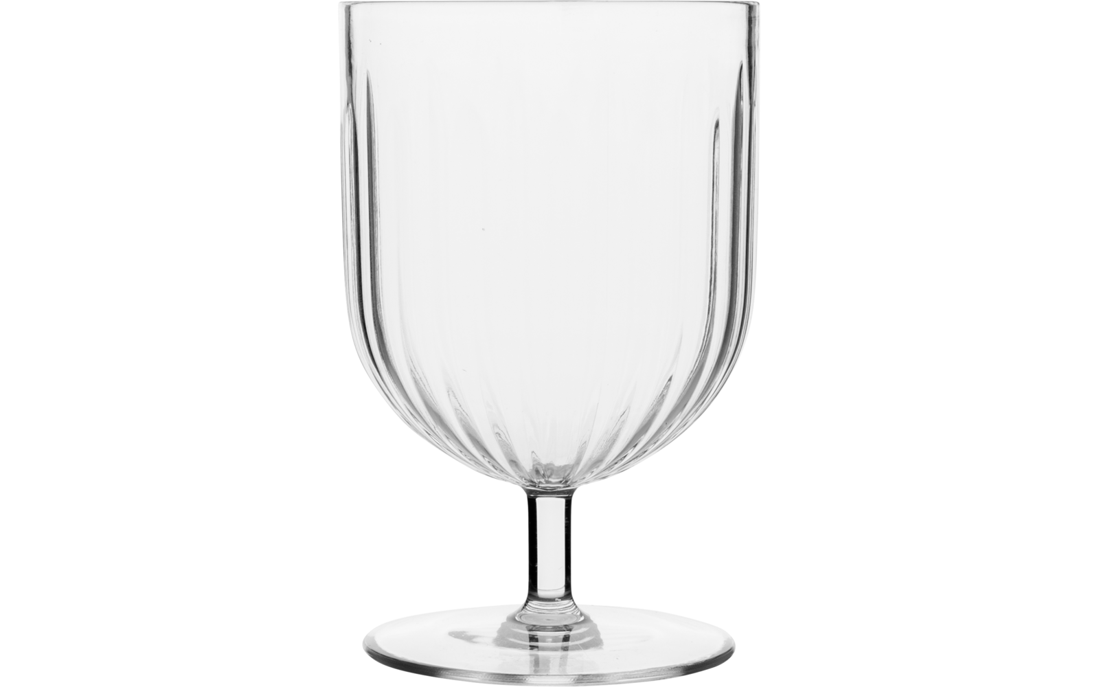 Empty clear stemmed glass with vertical fluted pattern on a white background