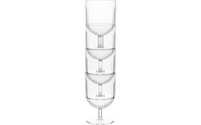 Three transparent stemmed glasses nested inside each other on a white background