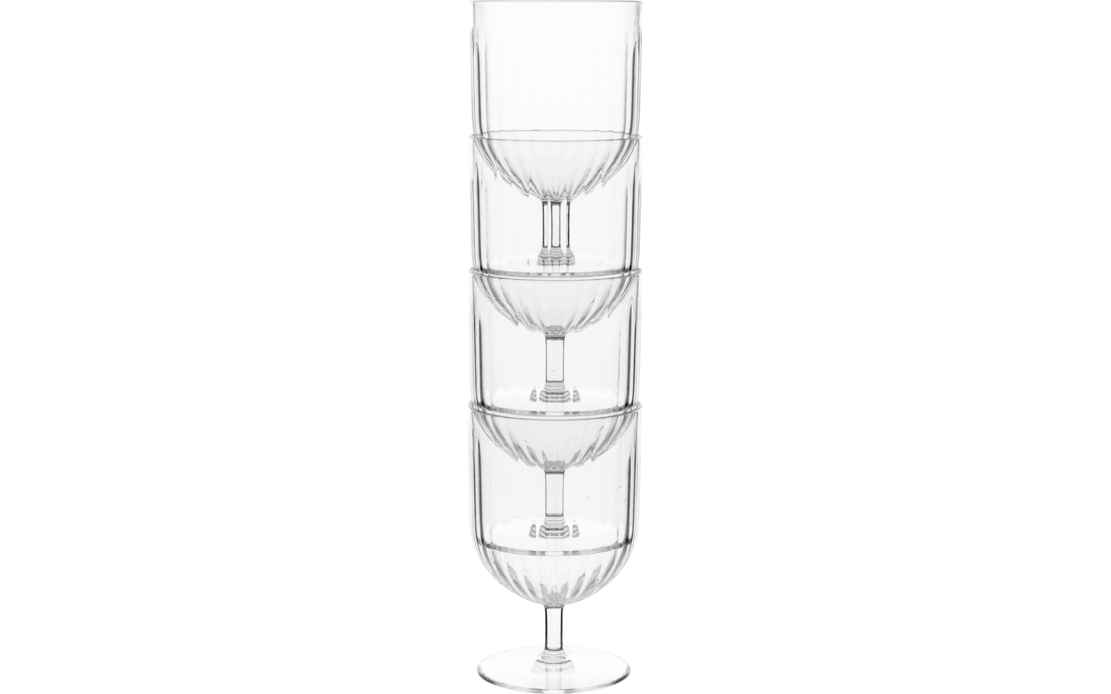 Three transparent stemmed glasses nested inside each other on a white background