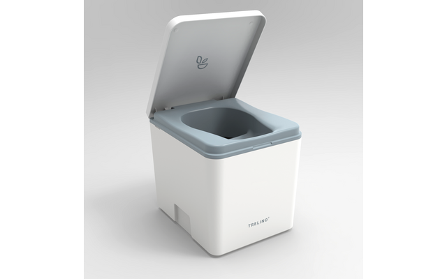 Weißer quadratischer Kasten mit offenem Deckel, hellblauem Sitzring, Blattlogo innen am Deckel und Schriftzug 'TREUNO' vorne