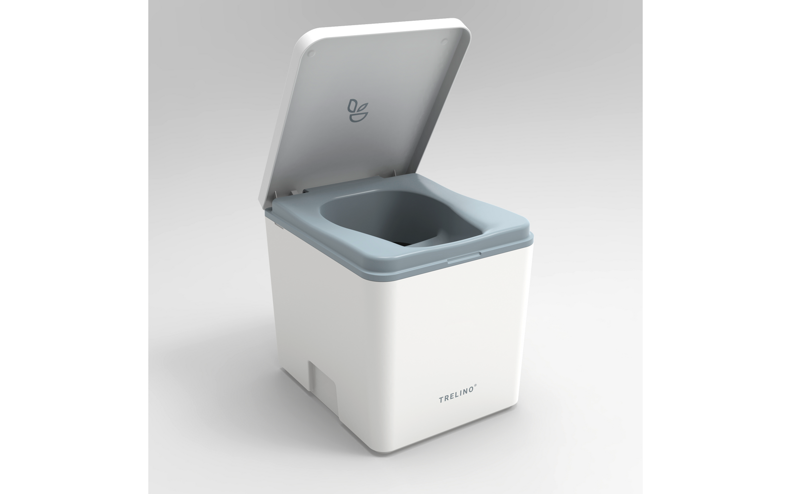 Weißer quadratischer Kasten mit offenem Deckel, hellblauem Sitzring, Blattlogo innen am Deckel und Schriftzug 'TREUNO' vorne