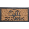 Braune Fußmatte mit schwarzem Rahmen, aufgedruckter Wohnwagen und der Schriftzug „I ♥ CAMPING“ in Schwarz