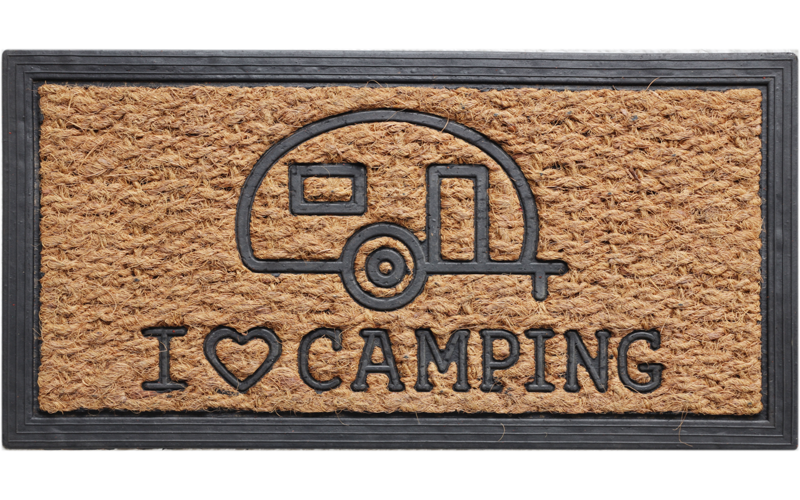 Braune Fußmatte mit schwarzem Rahmen, aufgedruckter Wohnwagen und der Schriftzug „I ♥ CAMPING“ in Schwarz