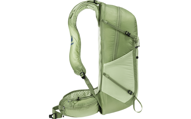 hellgrüner Ein-Schulter-Rucksack mit gepolstertem Schultergurt, Hüftgurt mit Reißverschlusstasche, seitlicher Netz-Tasche, Kompressionsriemen und vertikalem Reißverschluss