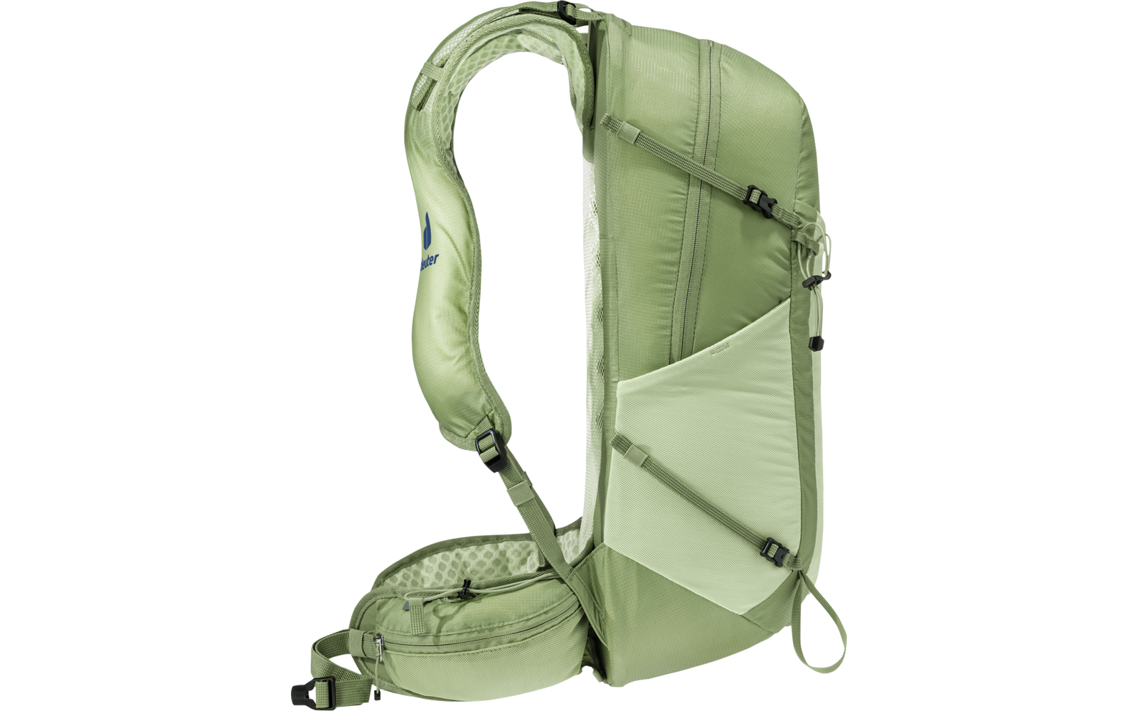 hellgrüner Ein-Schulter-Rucksack mit gepolstertem Schultergurt, Hüftgurt mit Reißverschlusstasche, seitlicher Netz-Tasche, Kompressionsriemen und vertikalem Reißverschluss