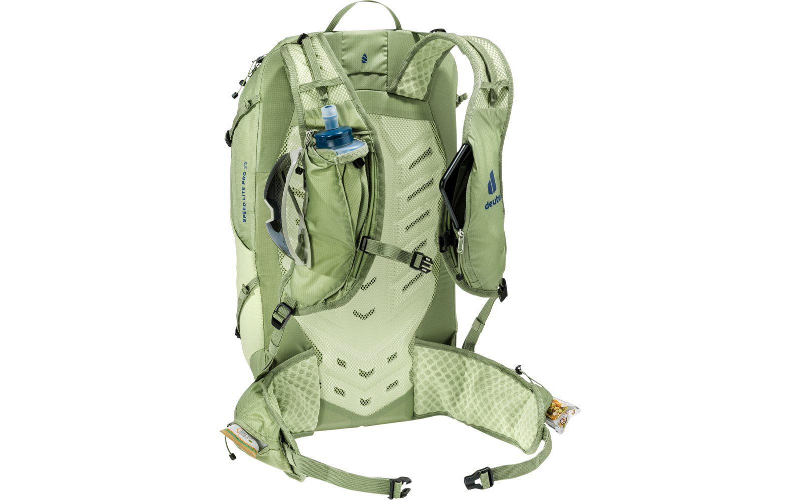 Hellgrüner Rucksack von hinten mit gepolsterten Schultergurten, Hüftgurt, Netzrücken, seitlicher Trinkflasche und verstellbaren Schnallen