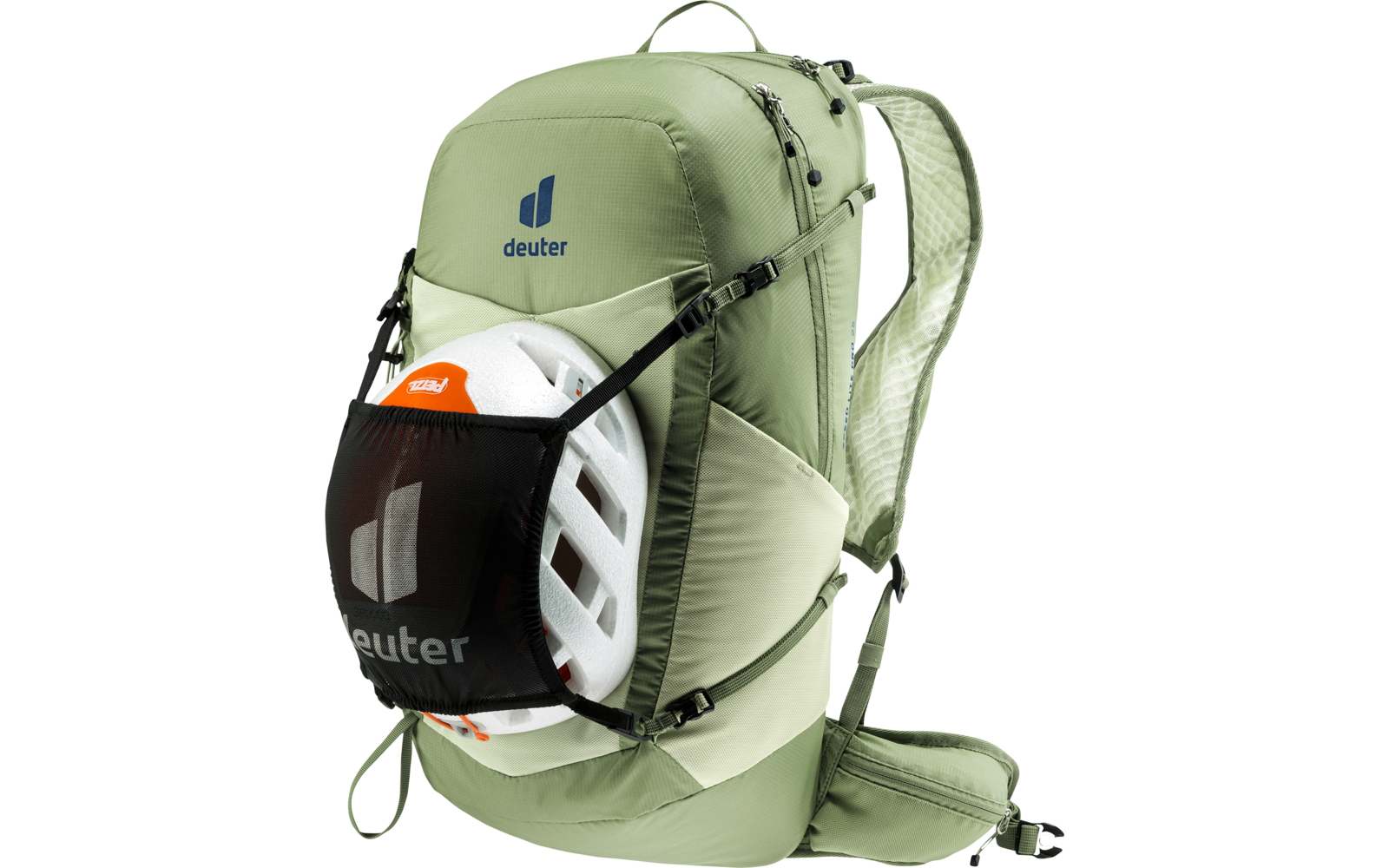 Hellgrüner Rucksack mit Hüftgurt und Schulterträgern, sichtbares deuter-Logo, vorne in schwarzem Netzfach befestigter weißer Helm