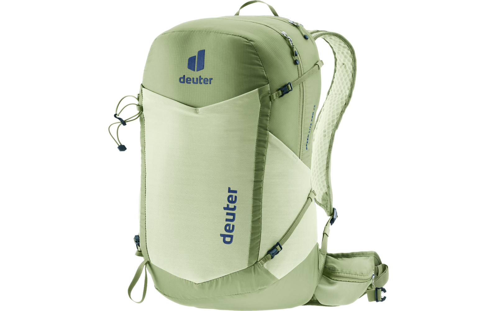 Hellgrüner Rucksack mit blauem deuter-Logo, Reißverschlüssen, Schulterriemen und Hüftgurt