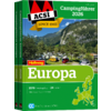 Couverture du guide de camping Europe 2026 avec un camping-car devant des montagnes