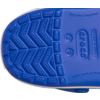 Semelle bleue en plastique d'un sabot vue par dessous, motif de la semelle et logo 'crocs' visibles