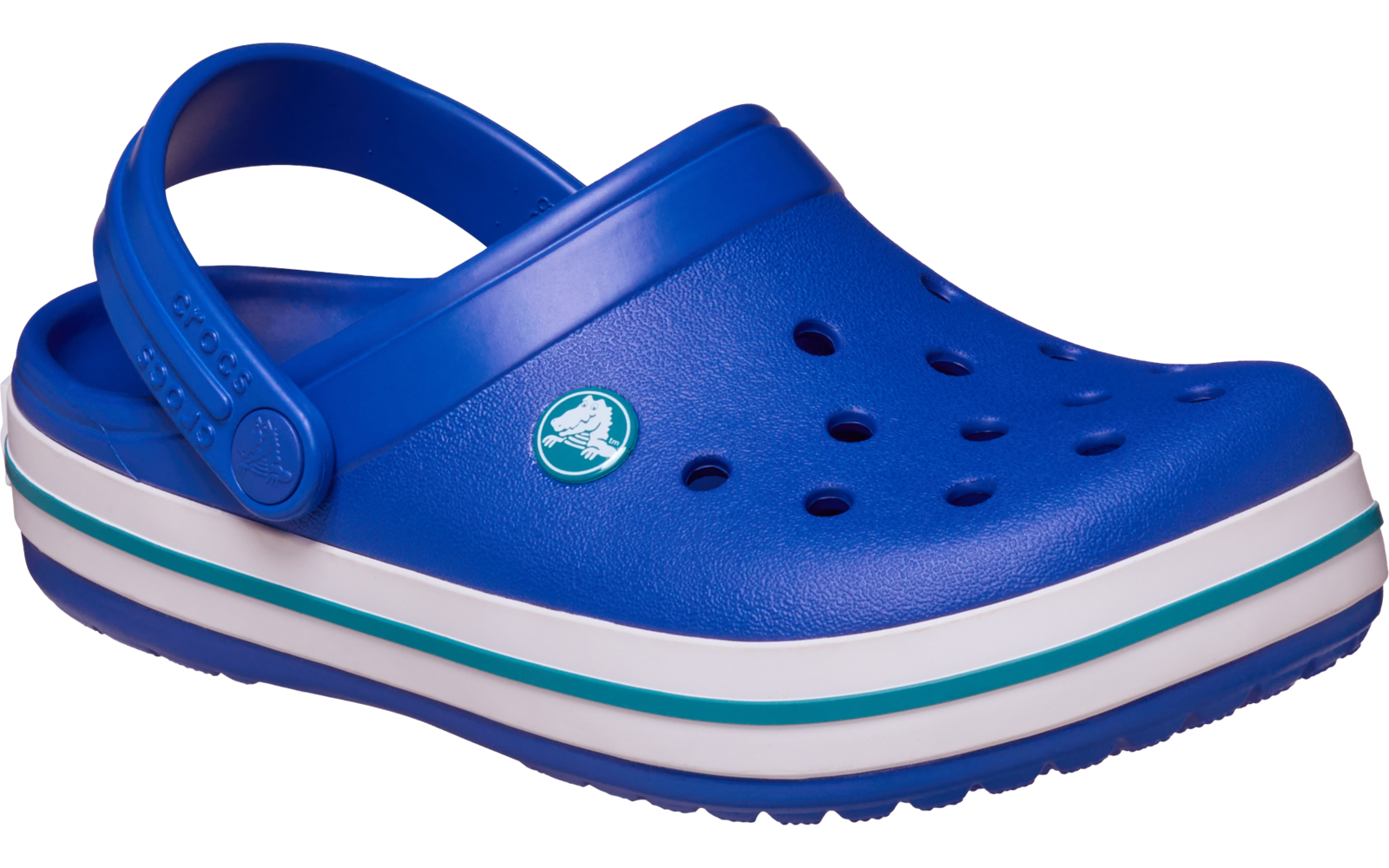 Blauer Kunststoff-Clog mit Fersenriemen, Lüftungsöffnungen oben, weißer Sohle mit türkisgrünen Streifen und rundem Logo an der Seite