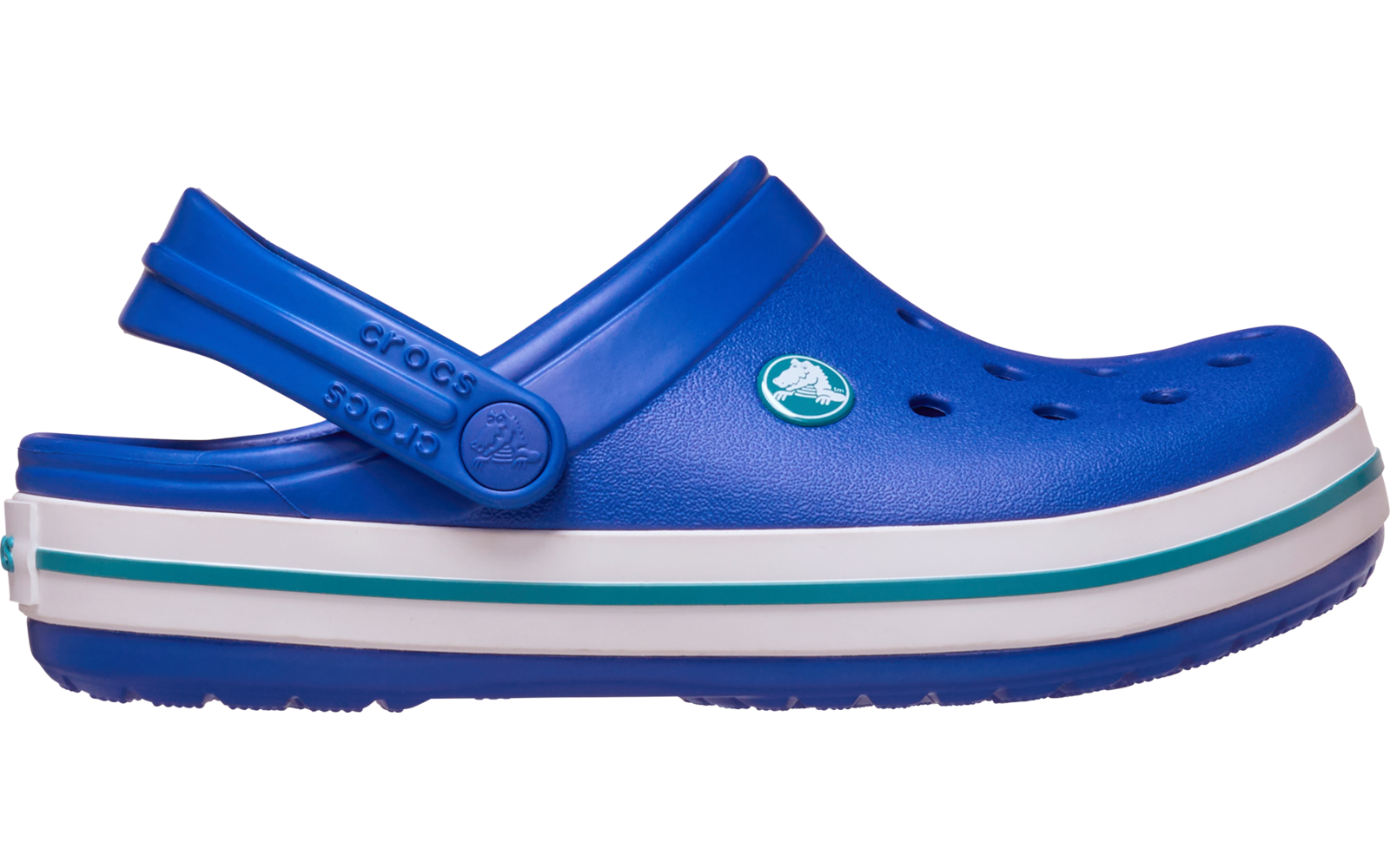 Sabot bleu avec bride au talon, orifices d'aération sur le dessus et semelle blanche avec bande verte, vue de côté sur fond blanc