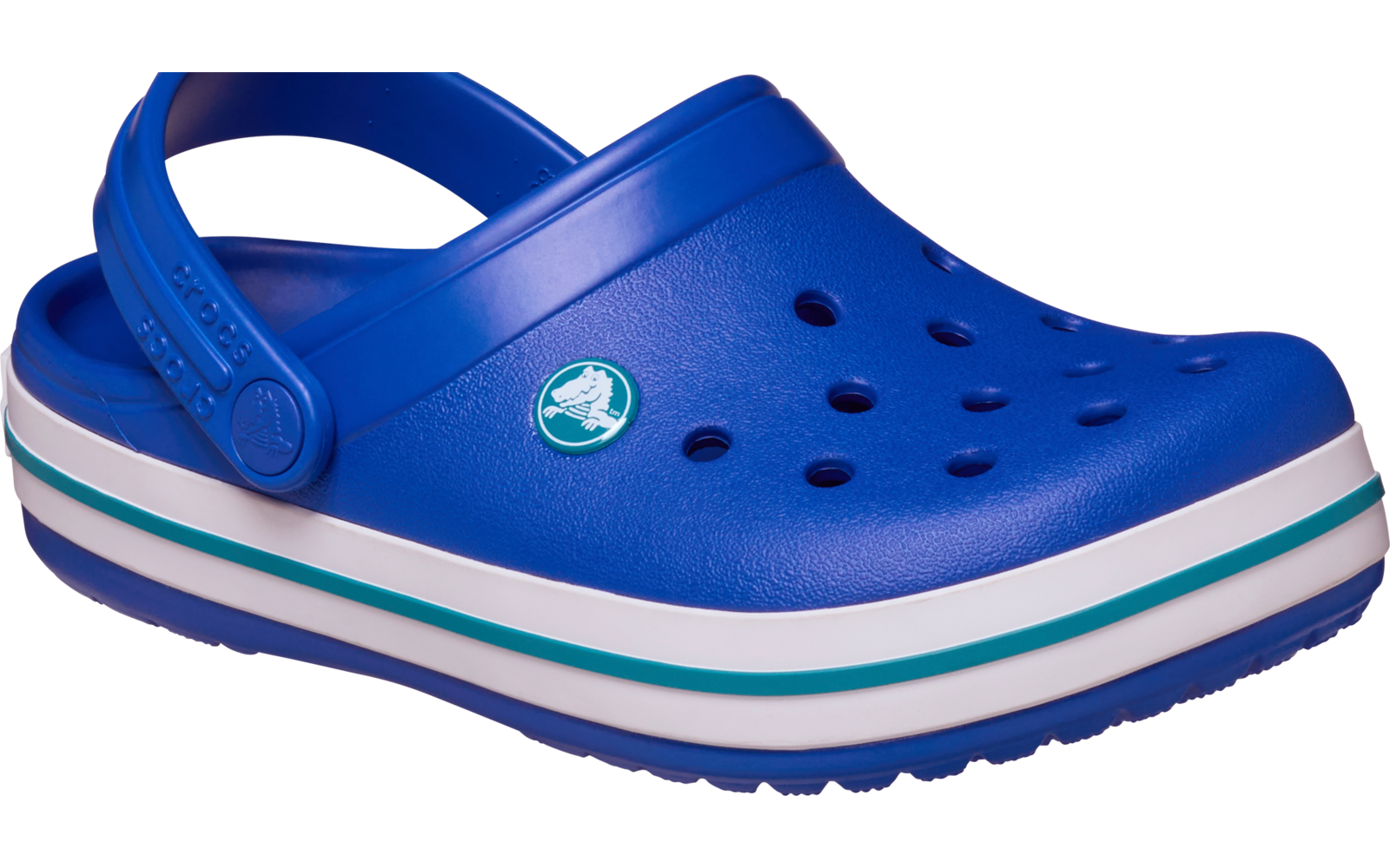 Sabot en plastique bleu avec bride de talon, trous d'aération sur le dessus, semelle blanche avec bandes turquoise et logo rond sur le côté