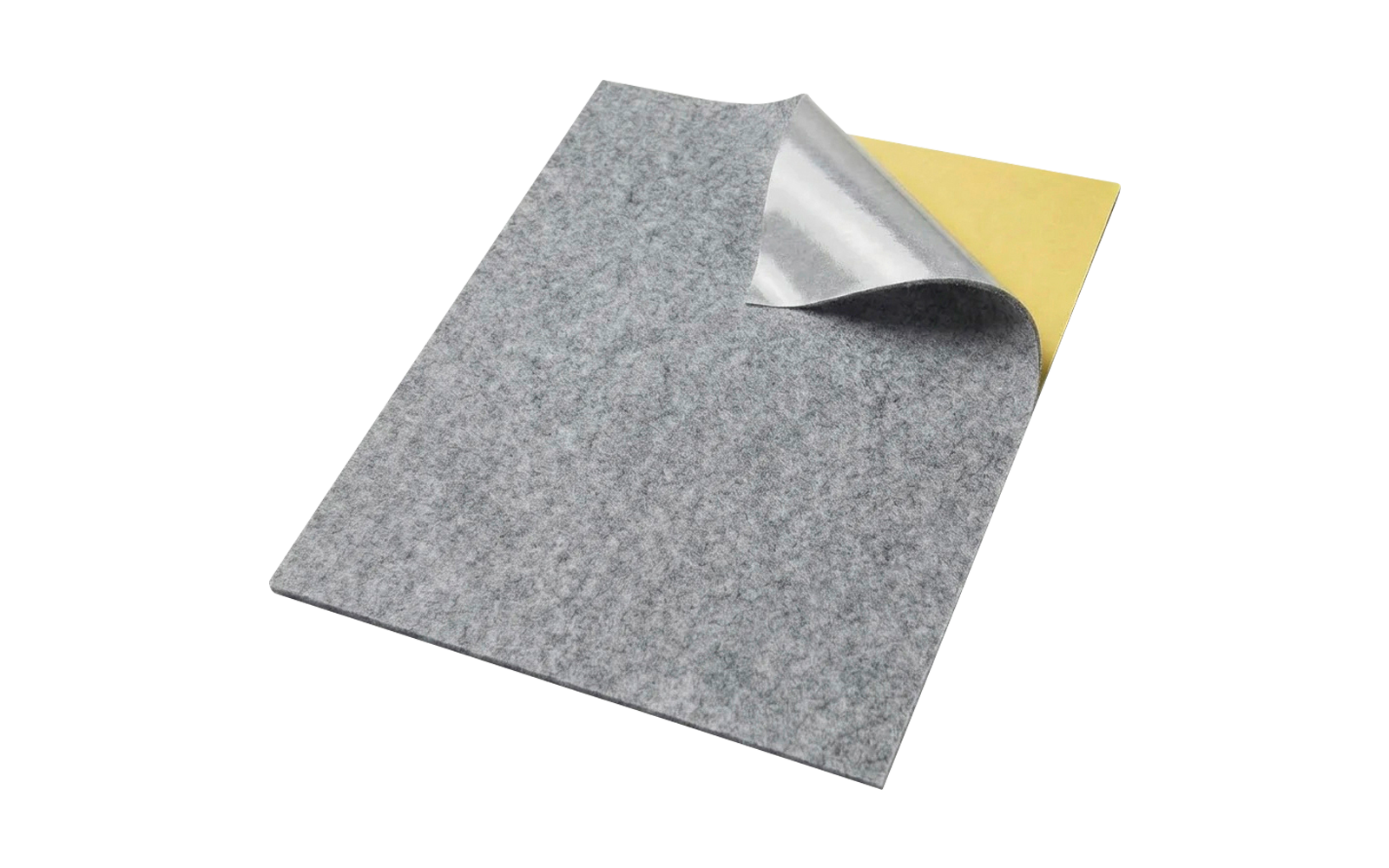 Gray rectangular felt sheet with one corner lifted, revealing a silver layer and a yellow layer underneath on a white background