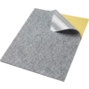 Gray rectangular felt sheet with one corner lifted, revealing a silver layer and a yellow layer underneath on a white background