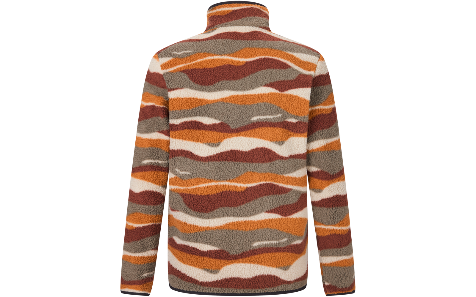 Achteraanzicht van een fleecejack met opstaande kraag en lange mouwen, pluizige structuur, golvende strepen in bruin, oranje, beige en grijs, donkere zoom- en mouwafwerking
