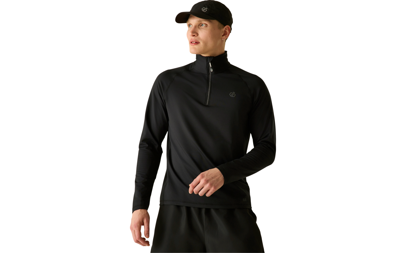 Personne portant un haut noir à manches longues avec une courte fermeture éclair et une casquette noire, regardant vers la gauche, mains près de la taille, porte un short noir